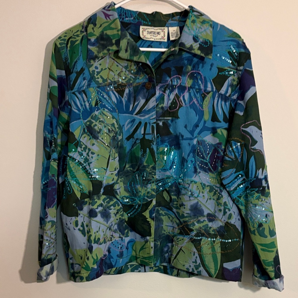 Tantrums Blue and Green Women's Jacket sequence embroidered size XL